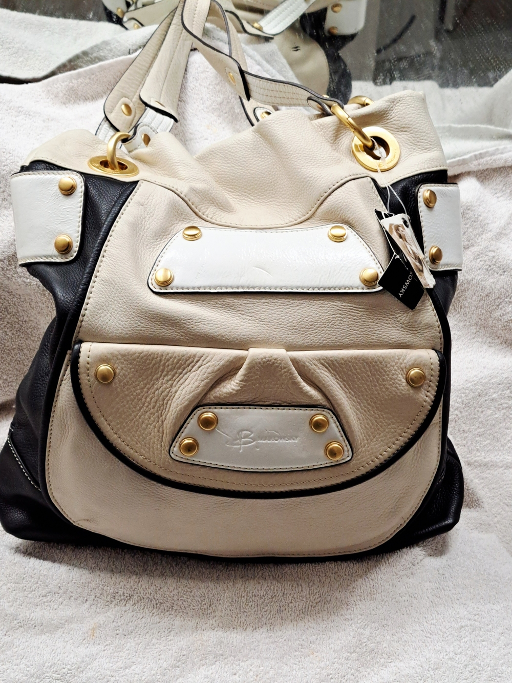 b. makowsky NWT Cream, White and Black Leather Shoulder Bag with Gold Hardware